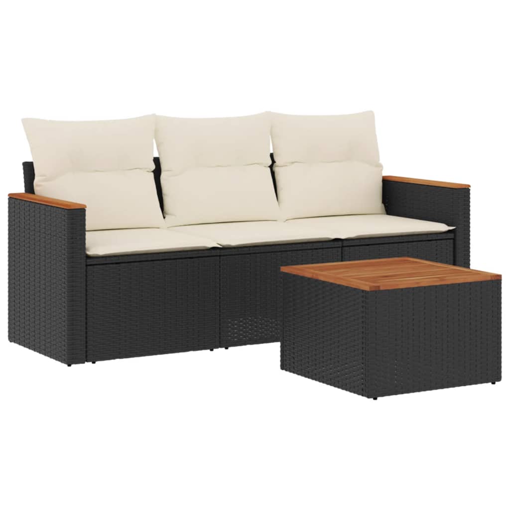 Salon de jardin 4 pcs avec coussins noir résine tressée