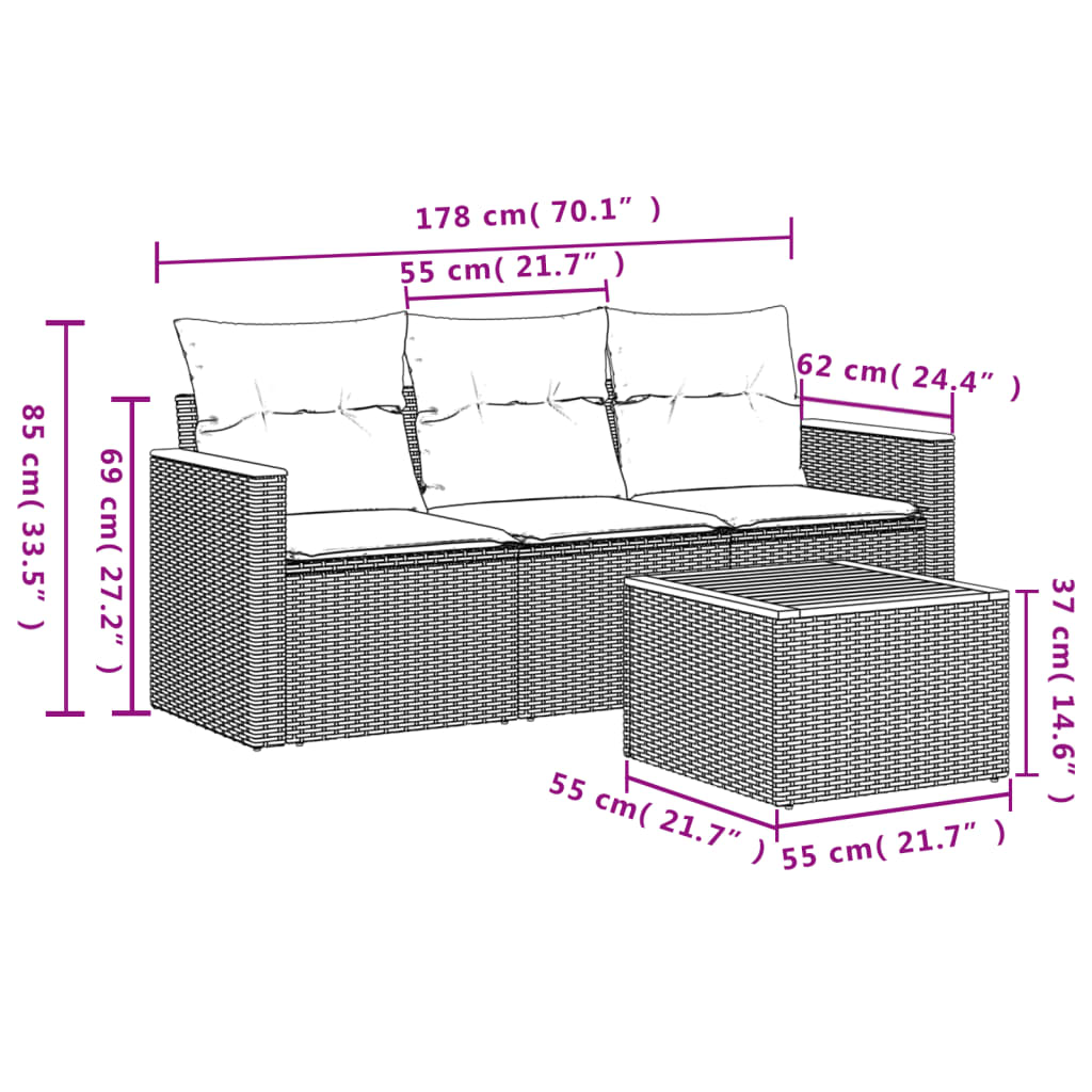 Ensemble de canapé de jardin 4 pcs avec coussins gris résine tressée