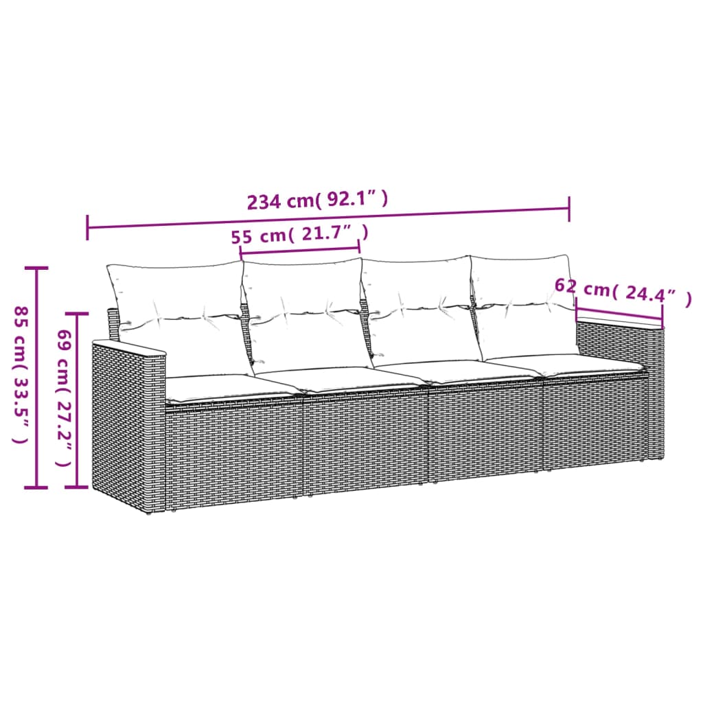 Salon de jardin 4 pcs avec coussins noir résine tressée