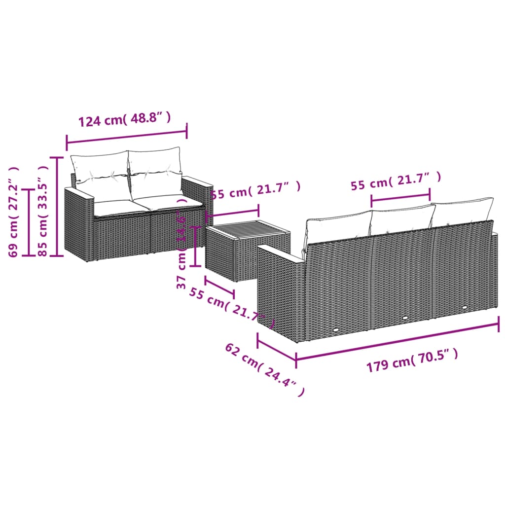 Ensemble de canapé de jardin 6 pcs avec coussins noir résine tressée