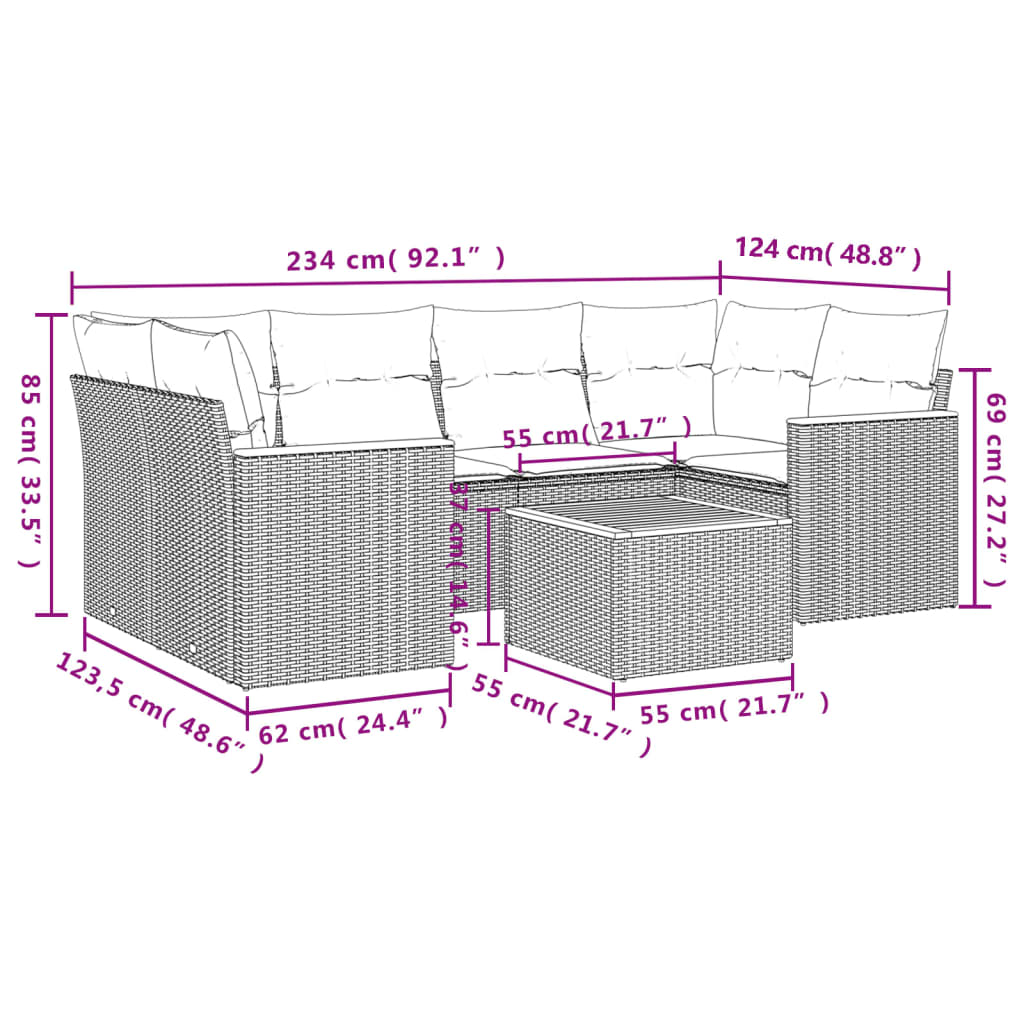Ensemble de canapé de jardin 7 pcs avec coussins gris résine tressée