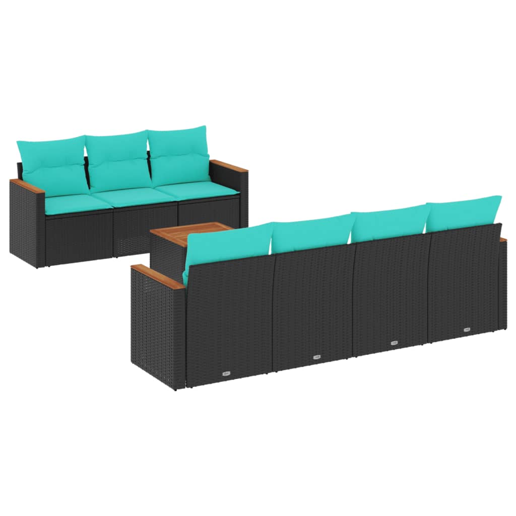 Ensemble de canapé de jardin 8 pcs avec coussins noir résine tressée