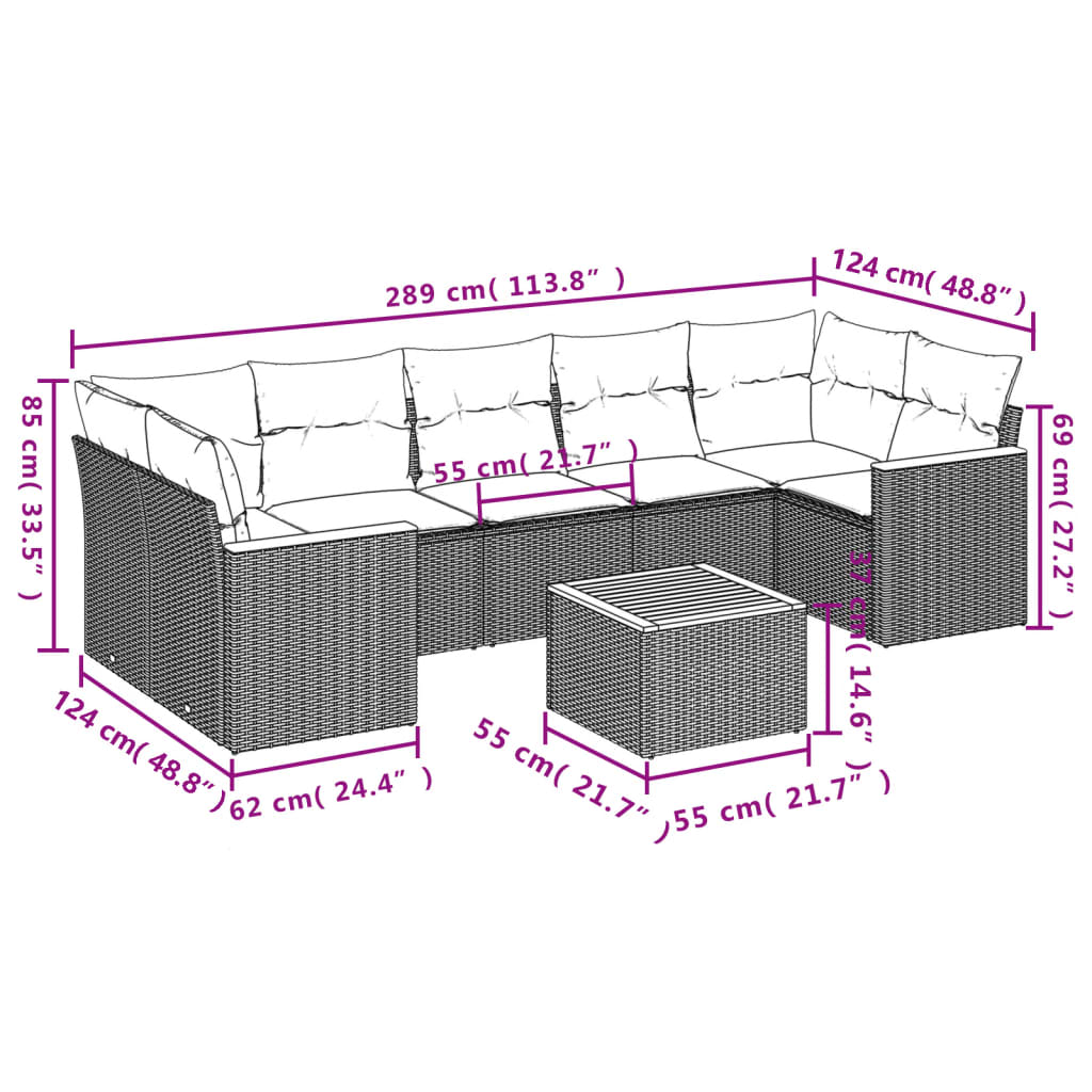 Ensemble de canapé de jardin 8 pcs avec coussins gris résine tressée