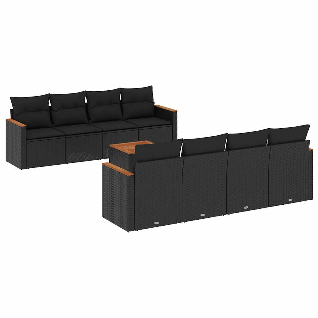 Salon de jardin 9 pcs avec coussins noir résine tressée