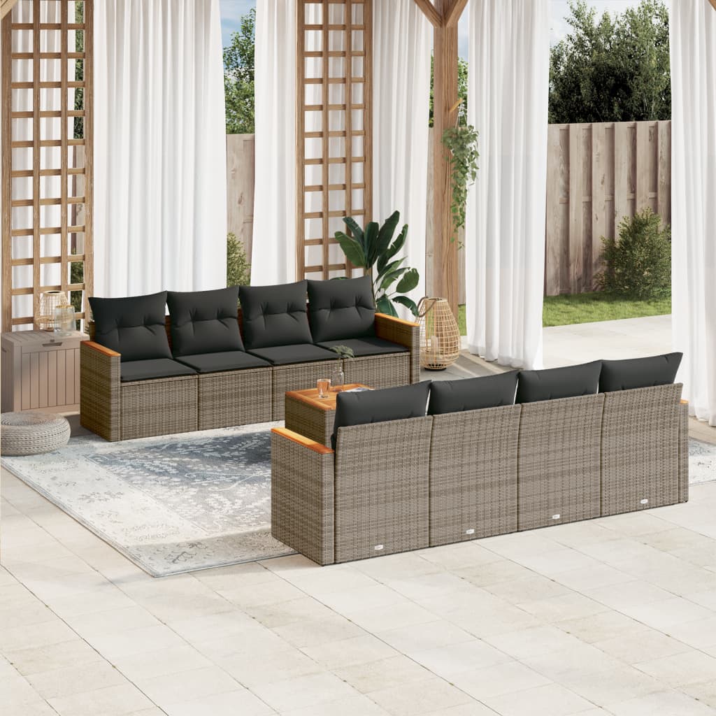 Salon de jardin 9 pcs avec coussins gris résine tressée