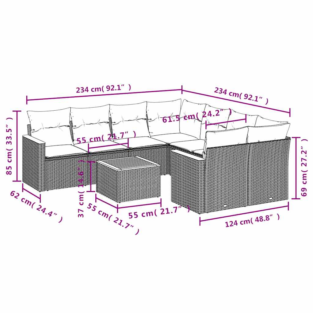 Ensemble de canapé de jardin 9 pcs avec coussins noir résine tressée