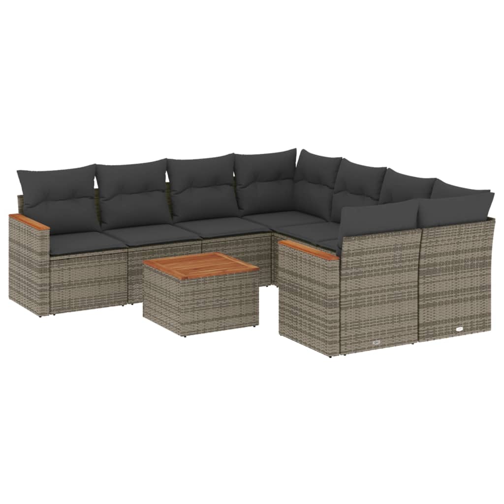 Salon de jardin 9 pcs avec coussins gris résine tressée