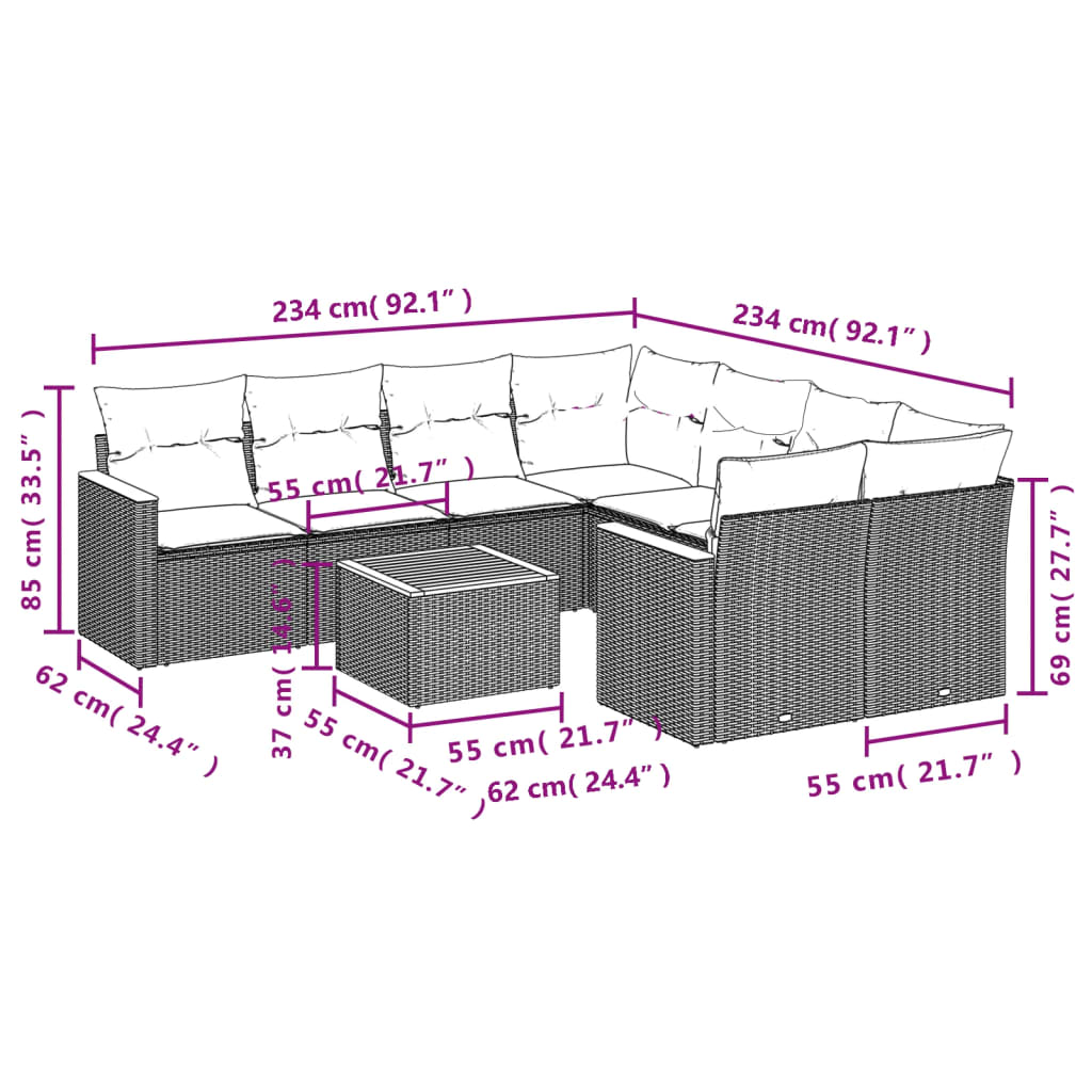 Ensemble de canapé de jardin 9 pcs avec coussins gris résine tressée
