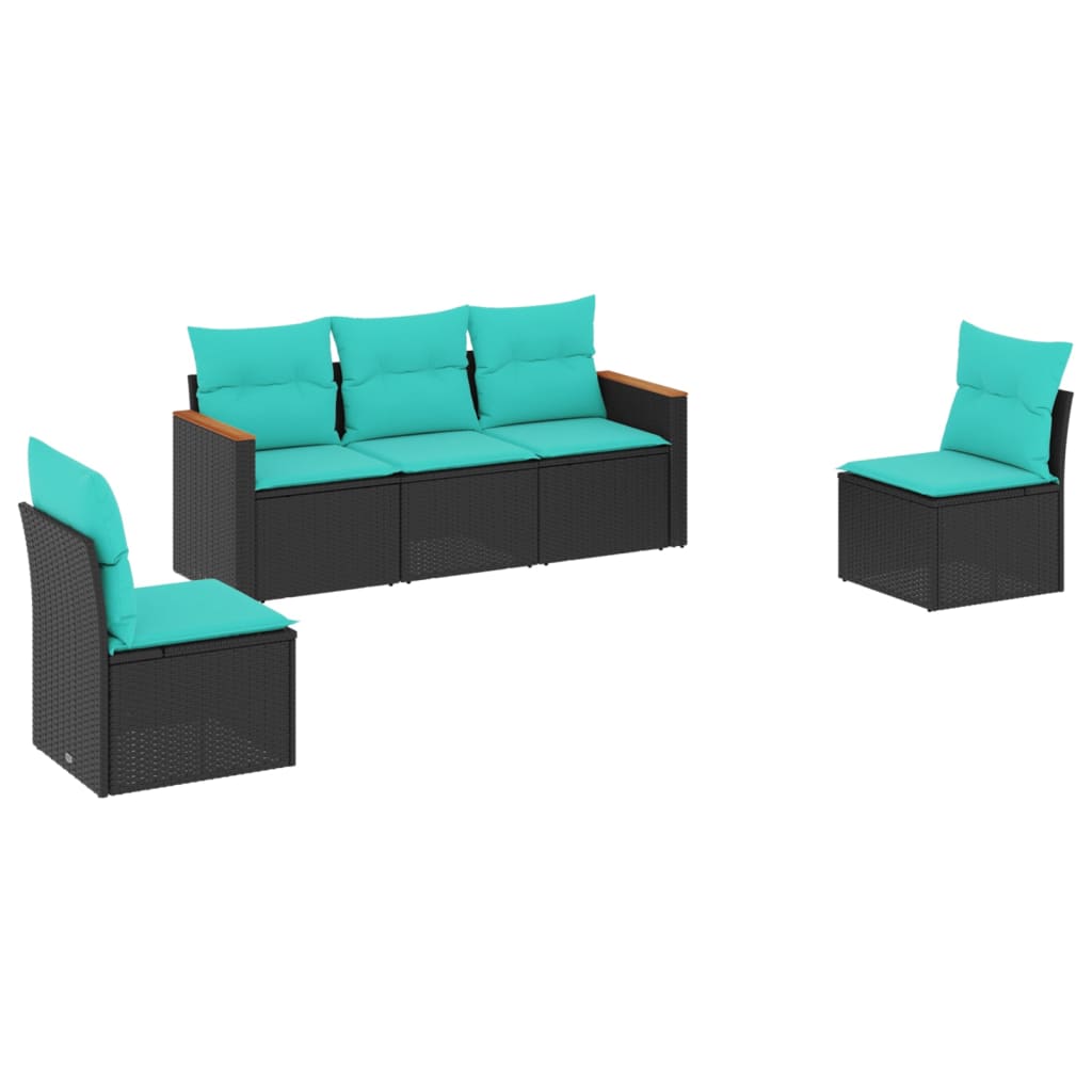 Salon de jardin 5 pcs avec coussins noir résine tressée