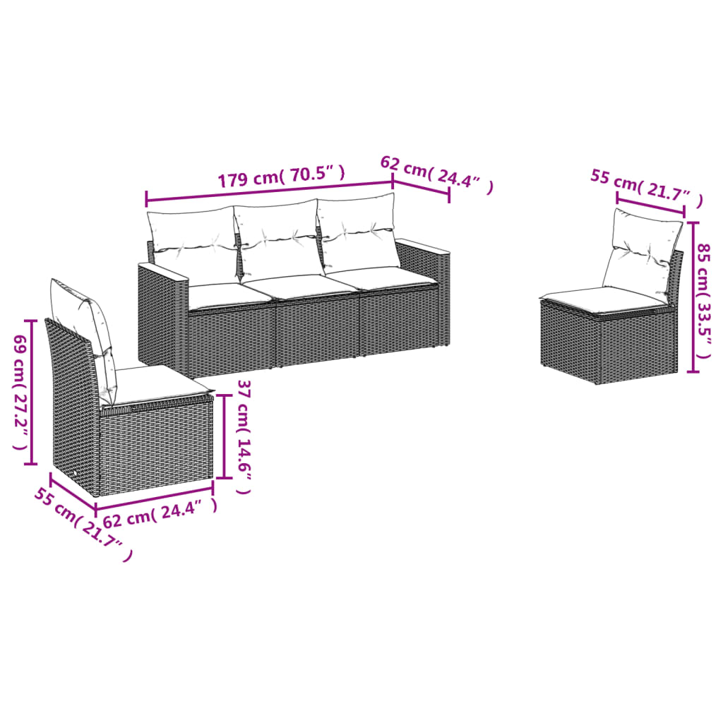 Ensemble de canapé de jardin 5 pcs avec coussins gris résine tressée