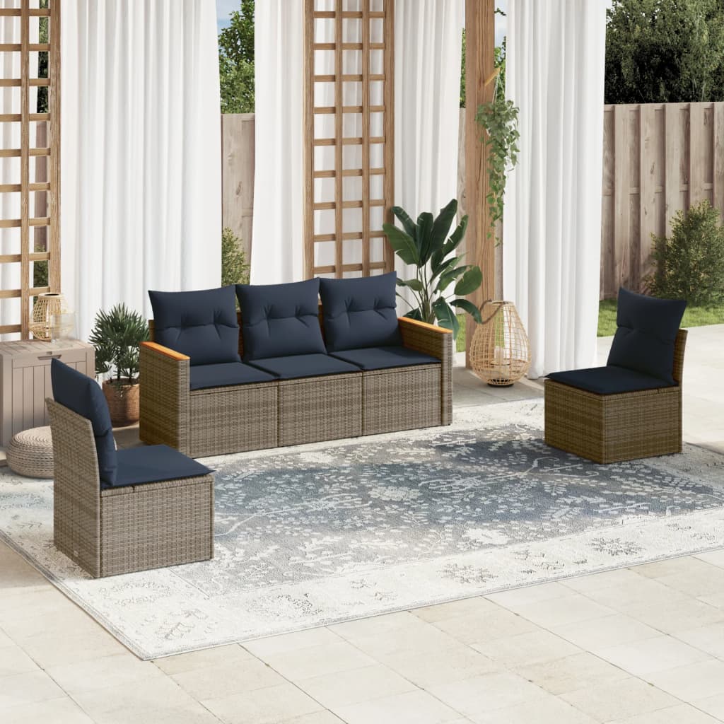 Ensemble de canapé de jardin 5 pcs avec coussins gris résine tressée
