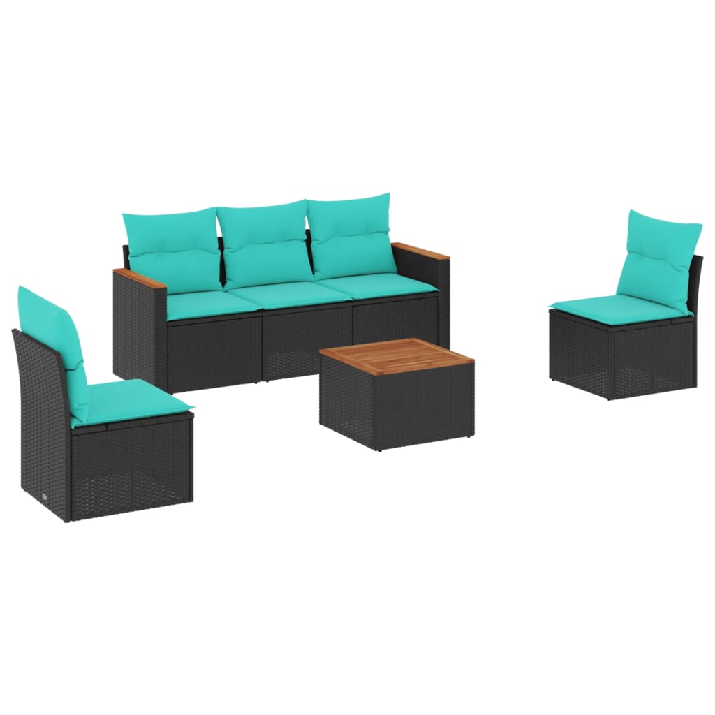 Ensemble de canapé de jardin 6 pcs avec coussins noir résine tressée