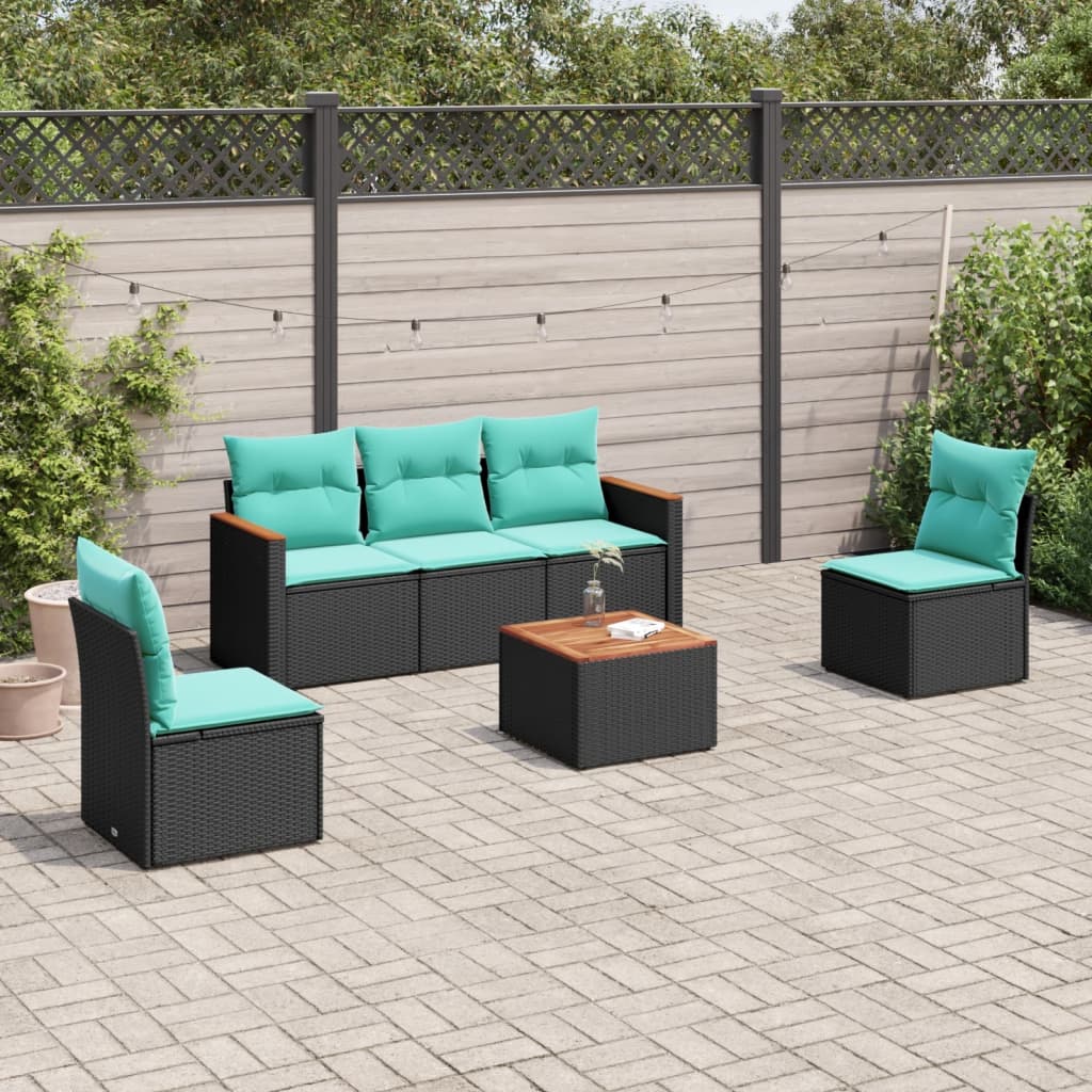 Ensemble de canapé de jardin 6 pcs avec coussins noir résine tressée