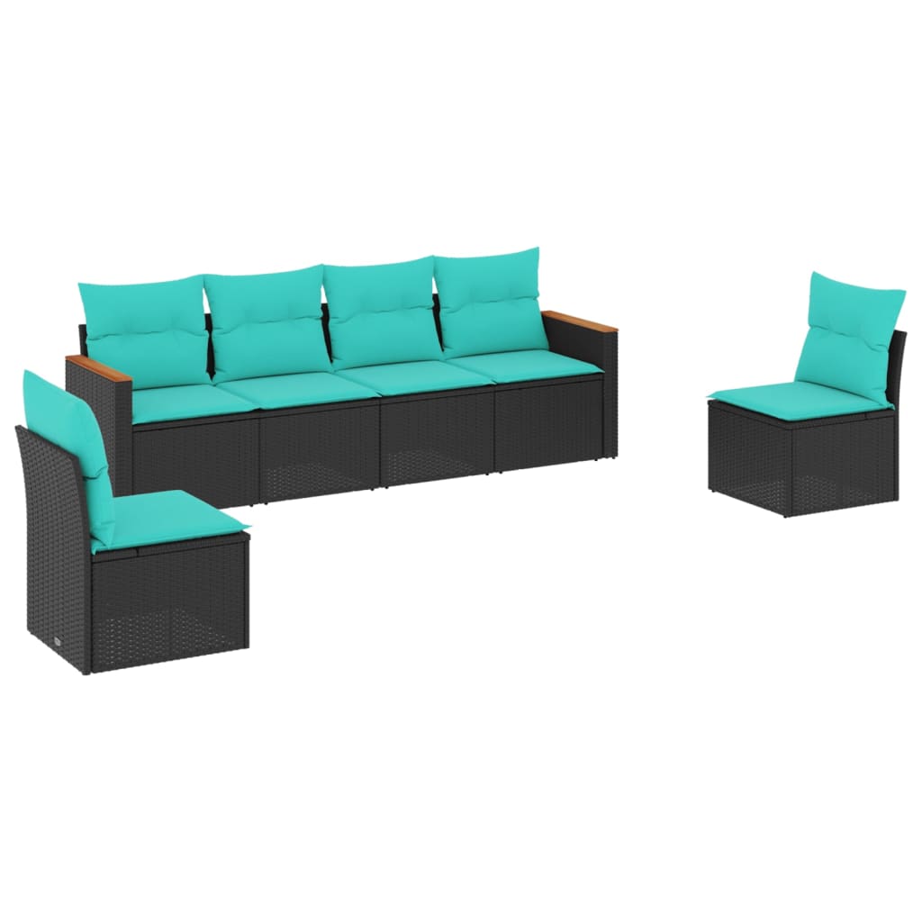 Salon de jardin 6 pcs avec coussins noir résine tressée