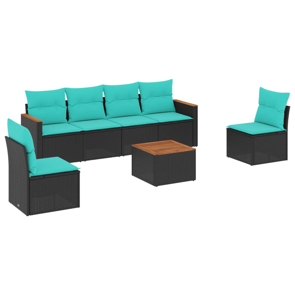 Ensemble de canapé de jardin 7 pcs avec coussins noir résine tressée