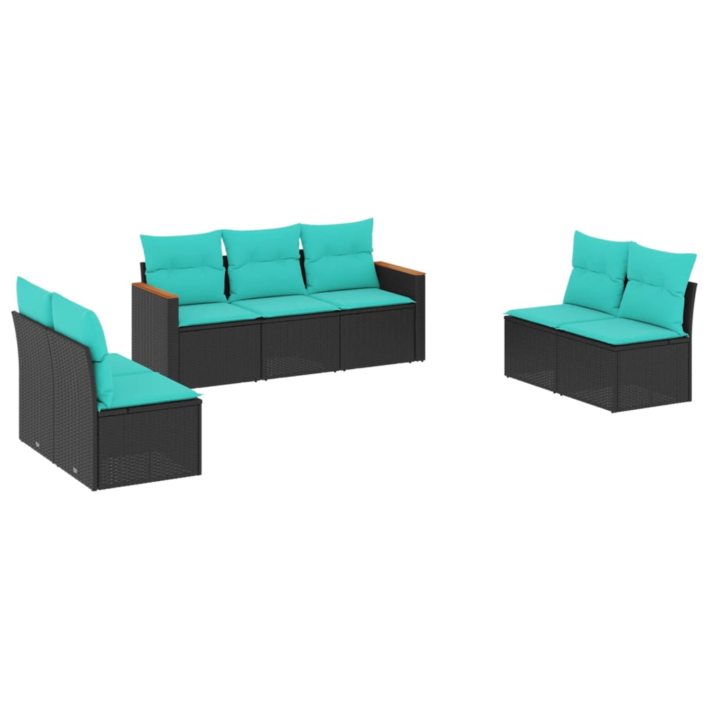 Salon de jardin 7 pcs avec coussins noir résine tressée