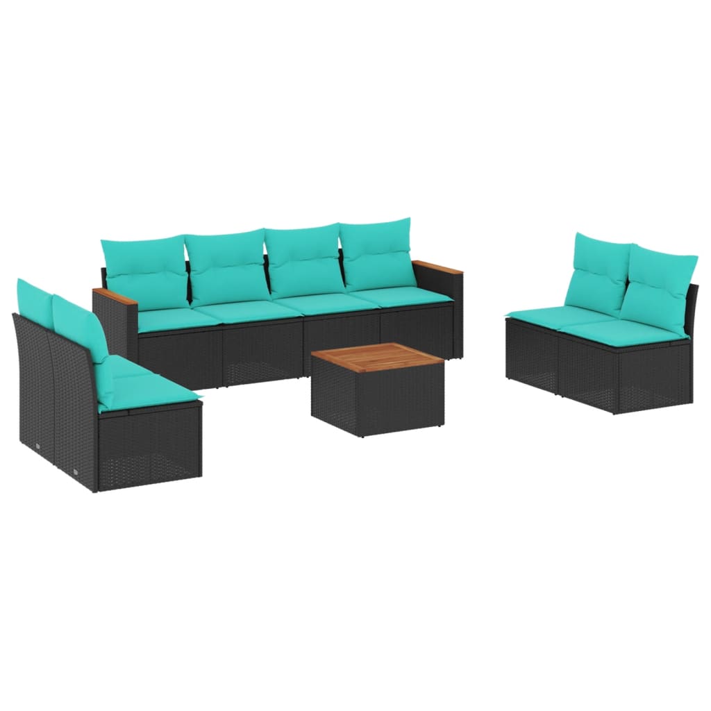 Ensemble de canapé de jardin 9 pcs avec coussins noir résine tressée