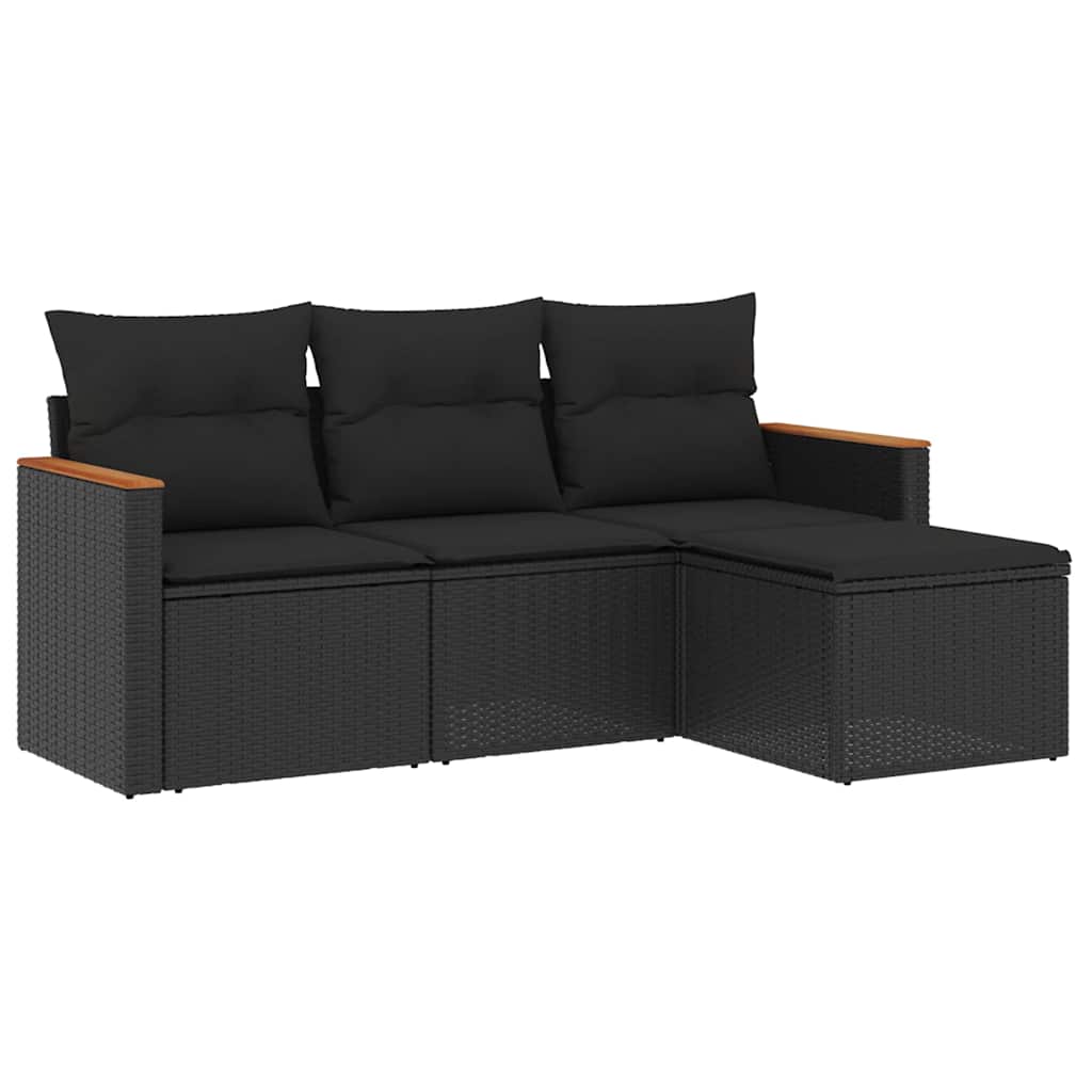 Salon de jardin 4 pcs avec coussins noir résine tressée