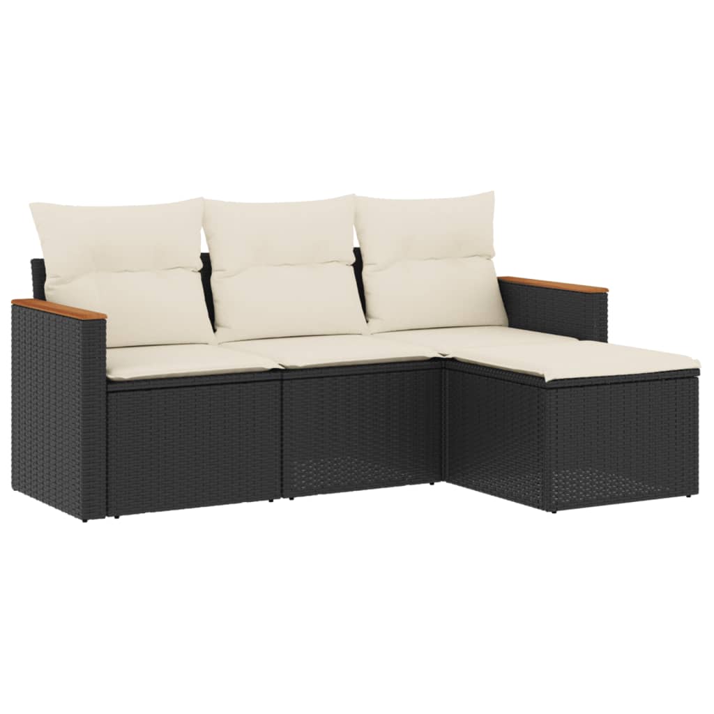 Salon de jardin 4 pcs avec coussins noir résine tressée