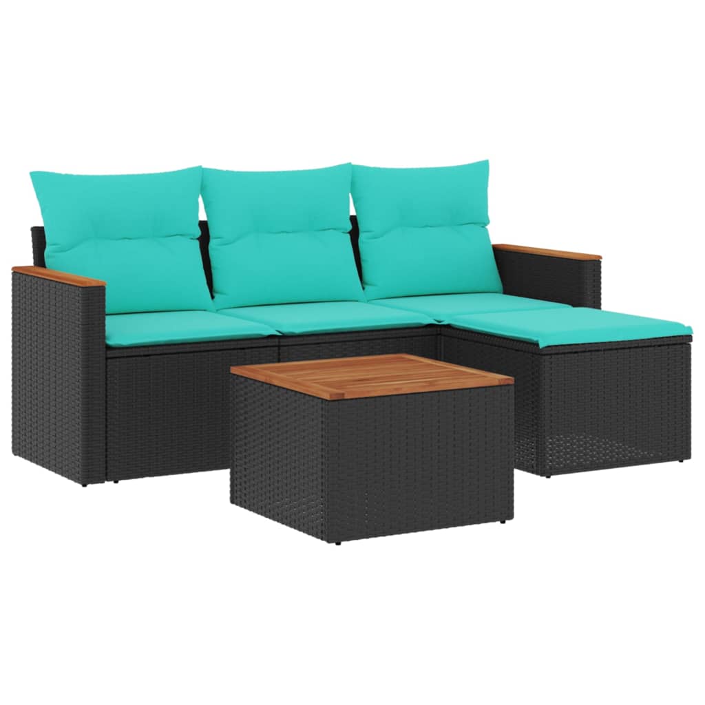 Ensemble de canapé de jardin 5 pcs avec coussins noir résine tressée