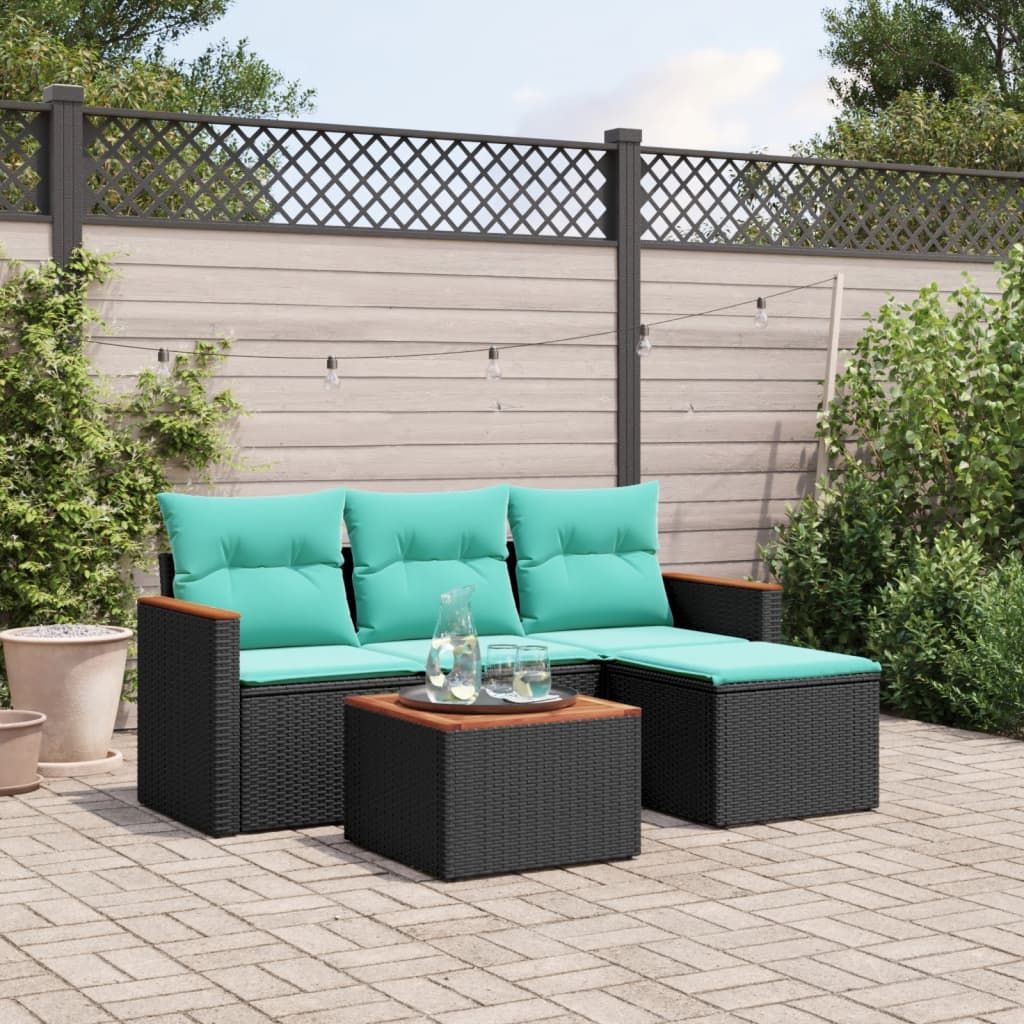 Ensemble de canapé de jardin 5 pcs avec coussins noir résine tressée