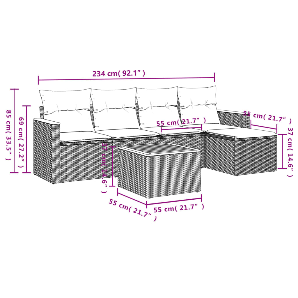 Ensemble de canapé de jardin 6 pcs avec coussins gris résine tressée