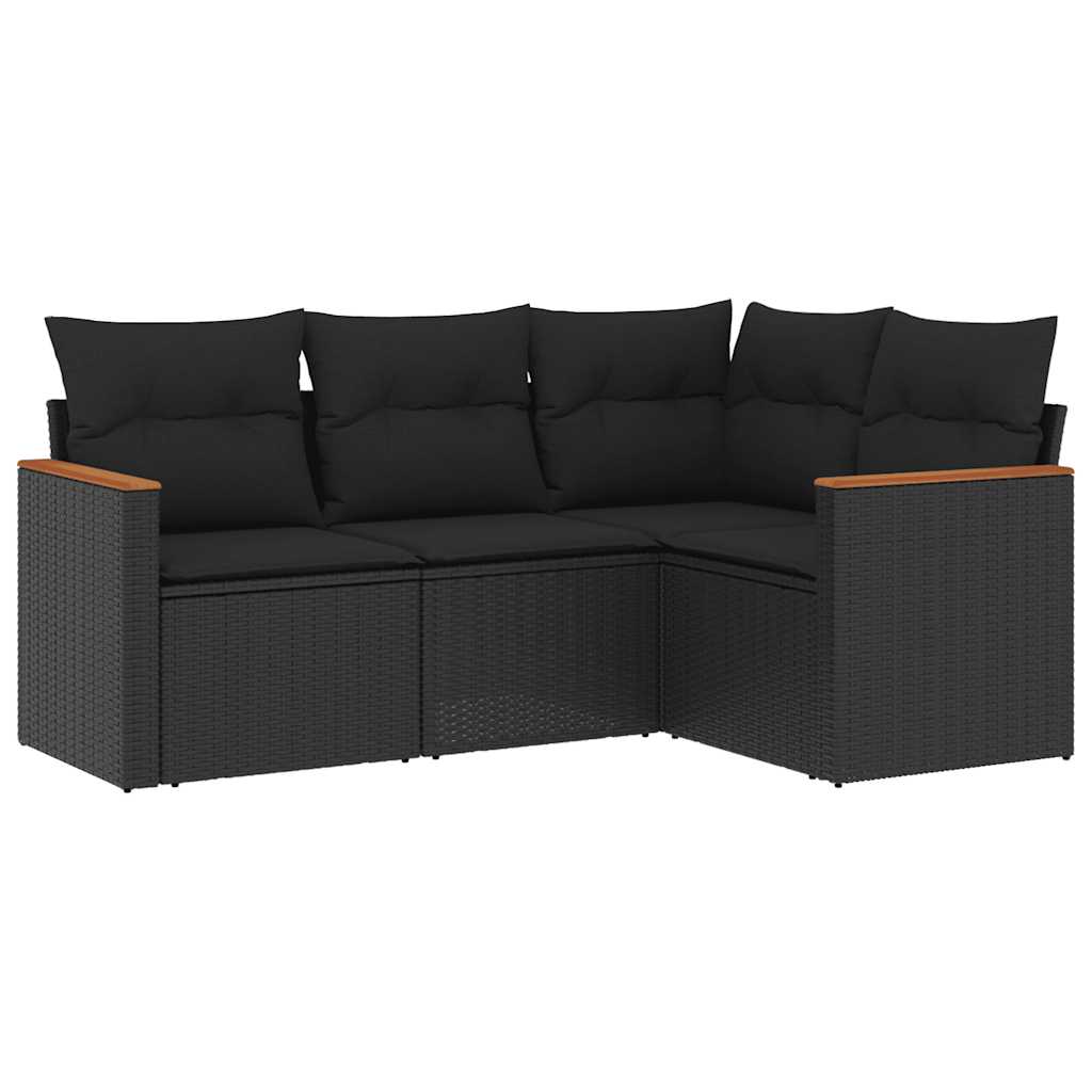 Salon de jardin 4 pcs avec coussins noir résine tressée