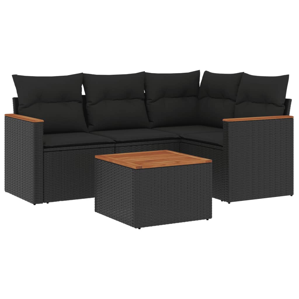 Salon de jardin 5 pcs avec coussins noir résine tressée
