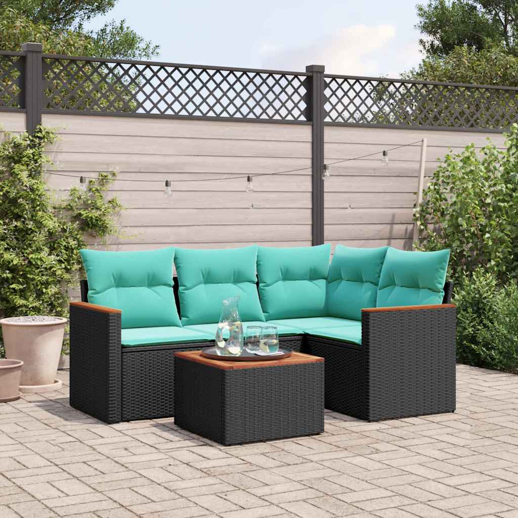 Ensemble de canapé de jardin 5 pcs avec coussins noir résine tressée