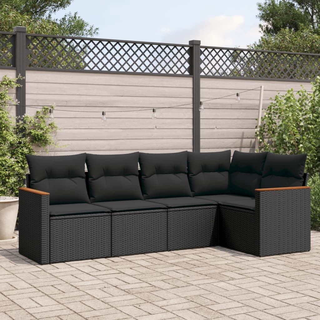 Salon de jardin 5 pcs avec coussins noir résine tressée