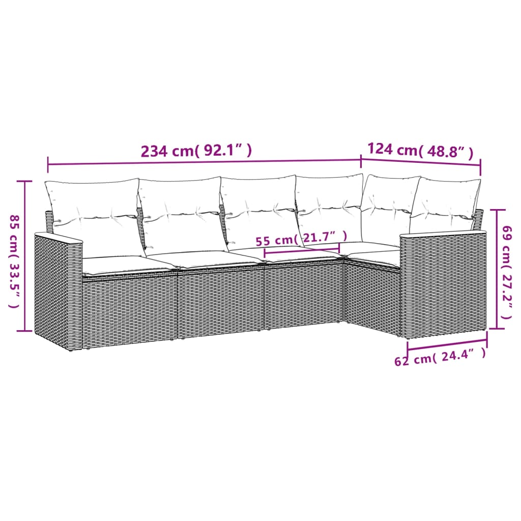 Ensemble de canapé de jardin 5 pcs avec coussins gris résine tressée