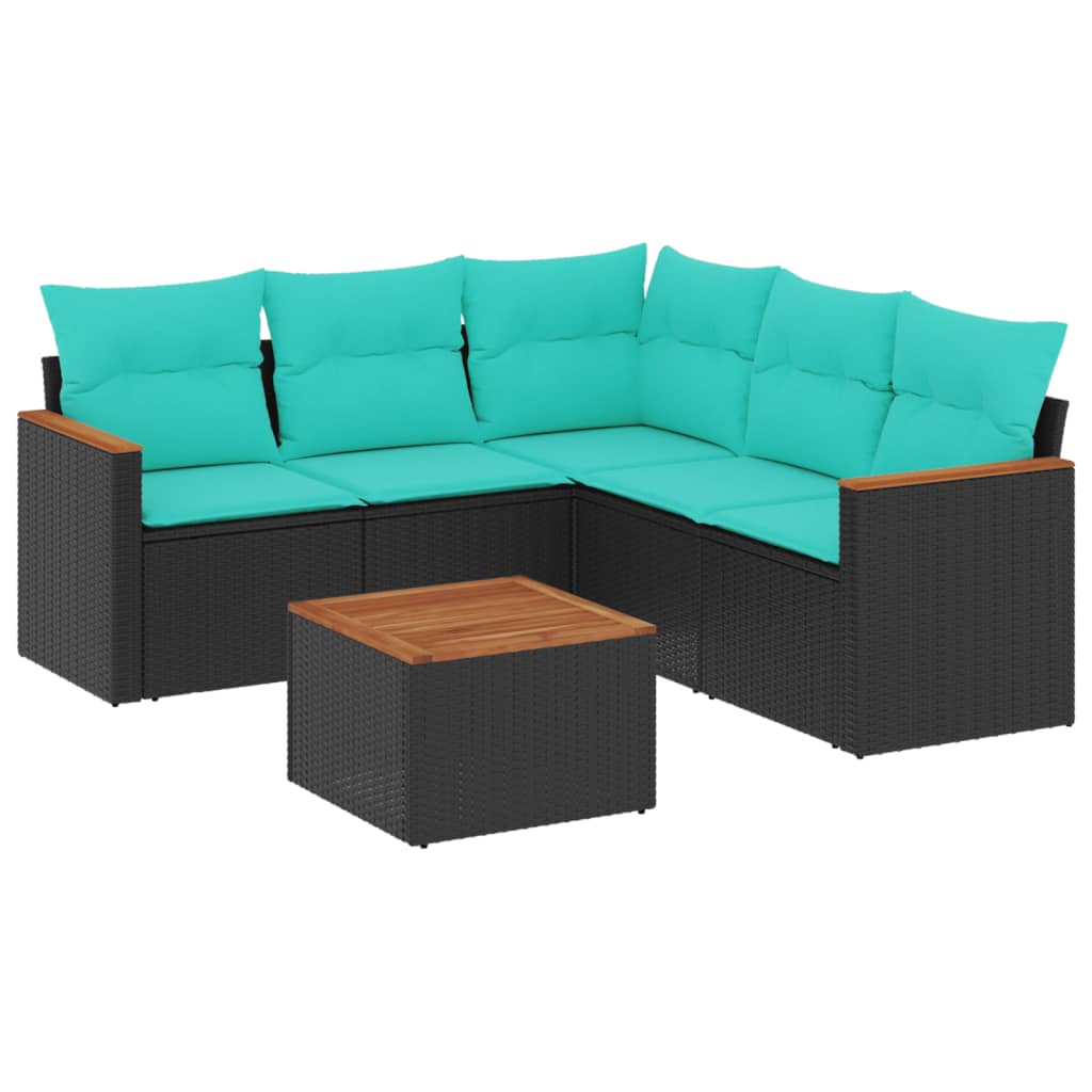 Ensemble de canapé de jardin 6 pcs avec coussins noir résine tressée