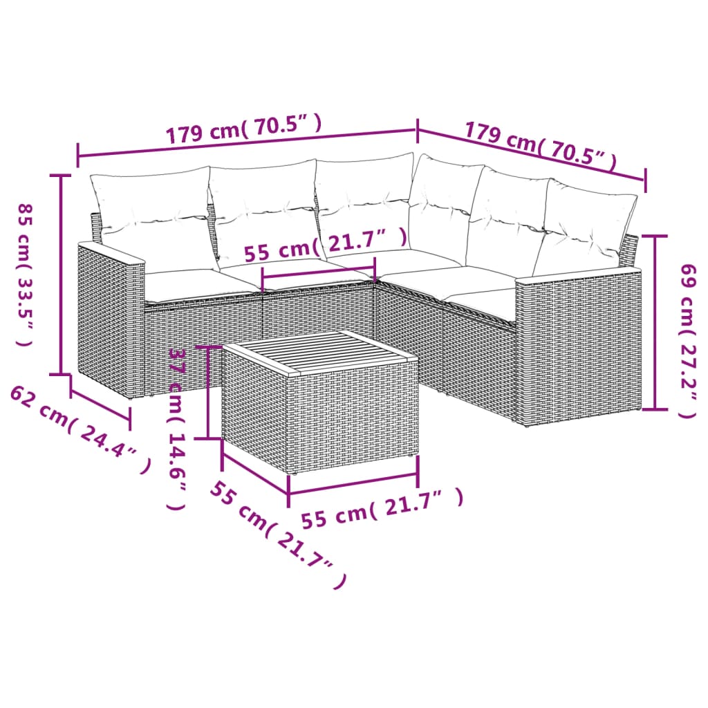 Ensemble de canapé de jardin 6 pcs avec coussins noir résine tressée