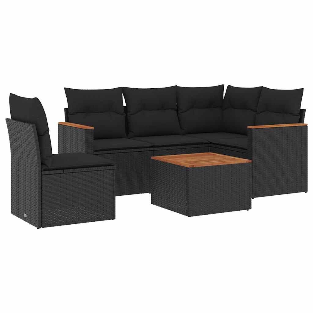 Salon de jardin 6 pcs avec coussins noir résine tressée