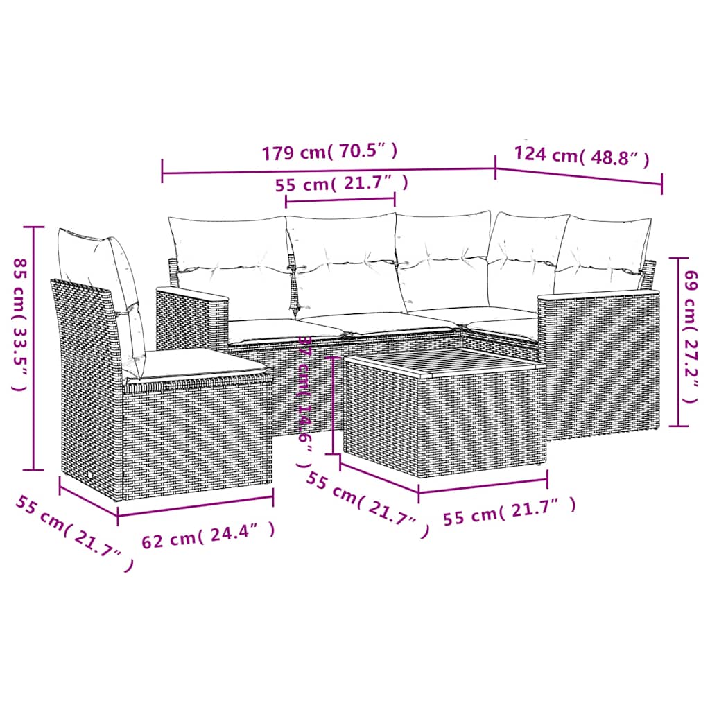Salon de jardin 6 pcs avec coussins noir résine tressée