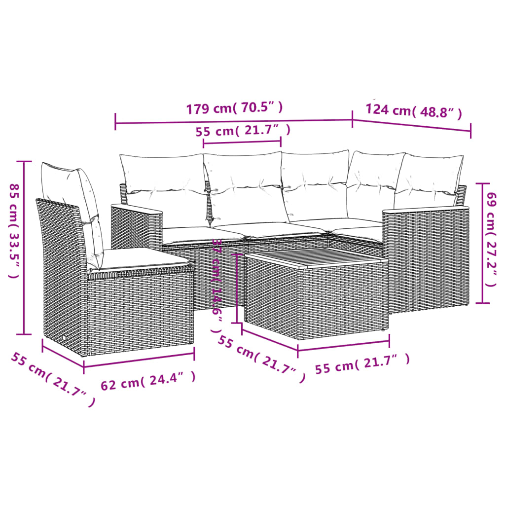 Ensemble de canapé de jardin 6 pcs avec coussins gris résine tressée