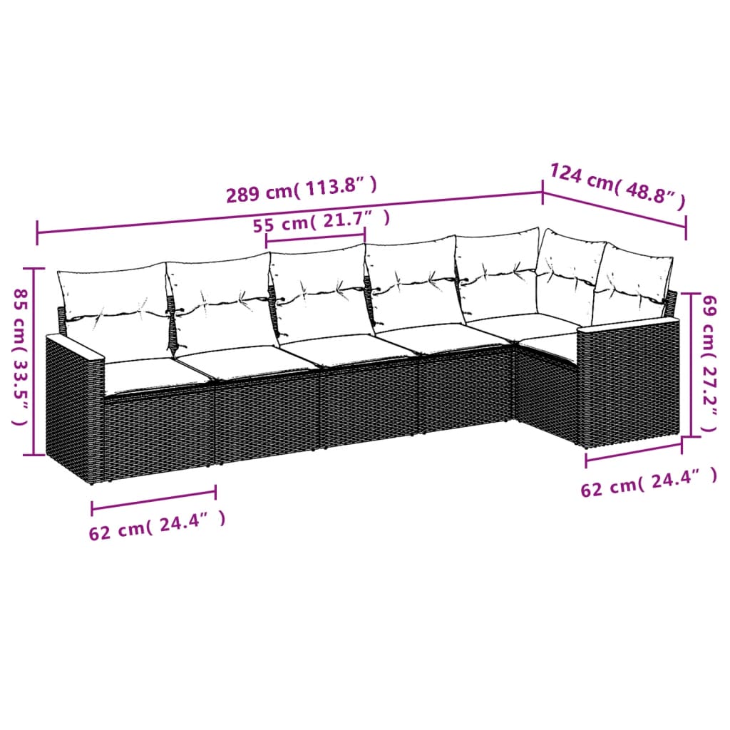 Salon de jardin 6 pcs avec coussins noir résine tressée
