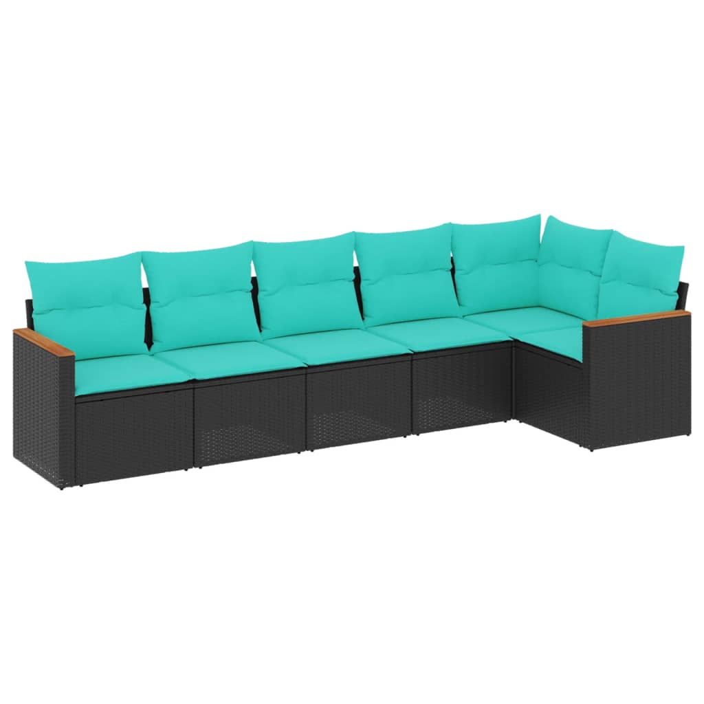 Salon de jardin 6 pcs avec coussins noir résine tressée
