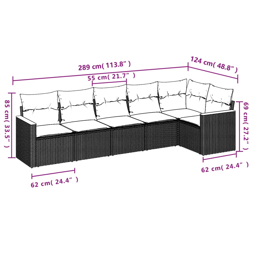 Salon de jardin 6 pcs avec coussins noir résine tressée