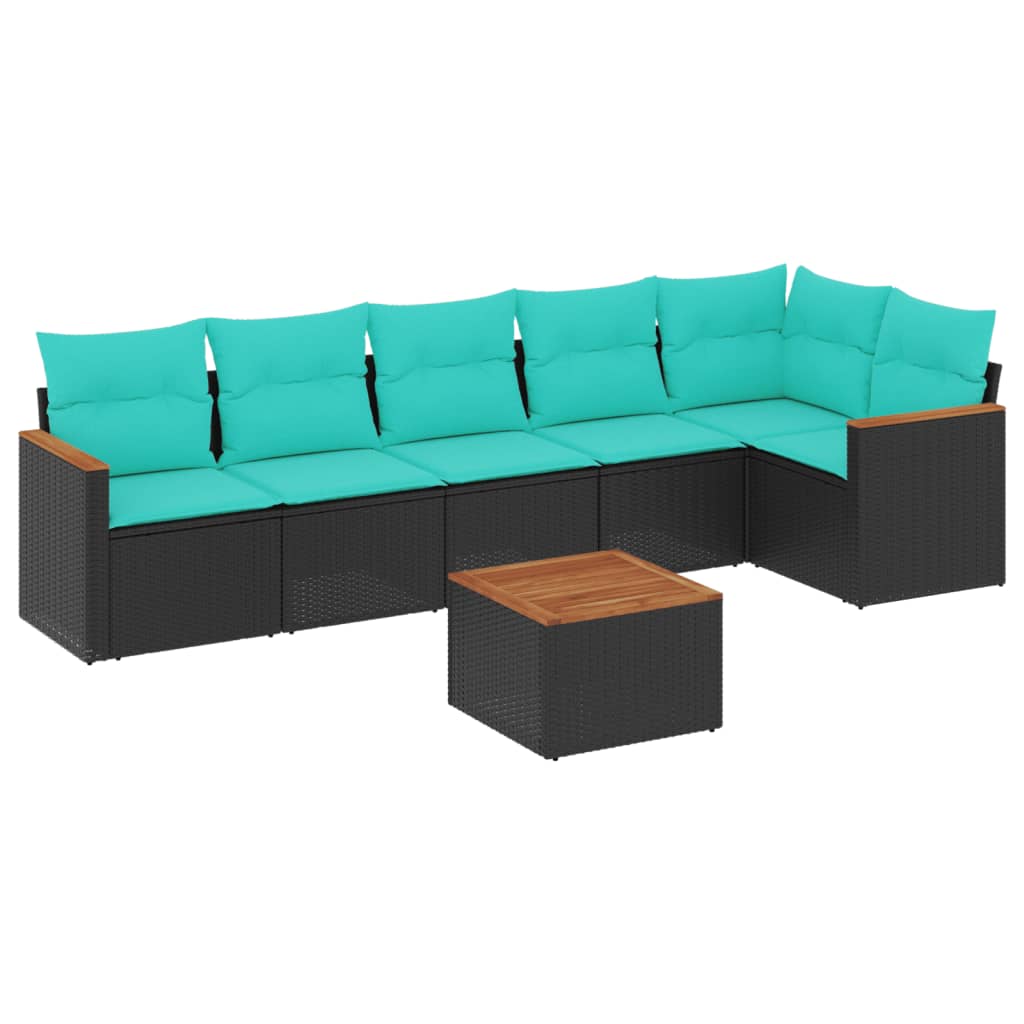 Ensemble de canapé de jardin 7 pcs avec coussins noir résine tressée