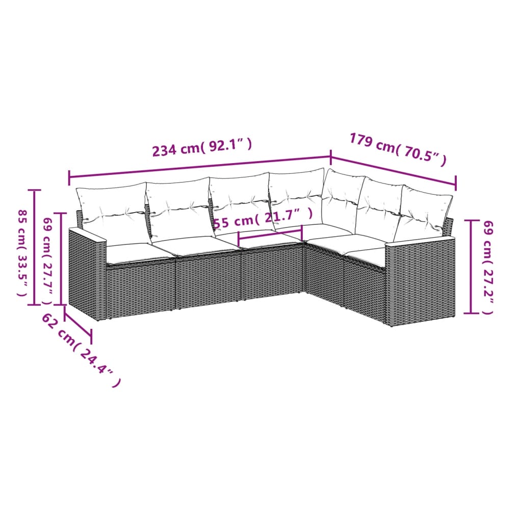 Salon de jardin 6 pcs avec coussins noir résine tressée