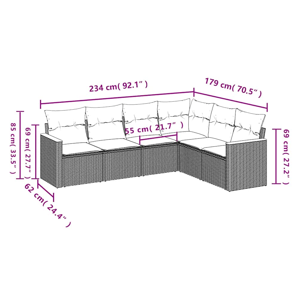 Salon de jardin 6 pcs avec coussins noir résine tressée