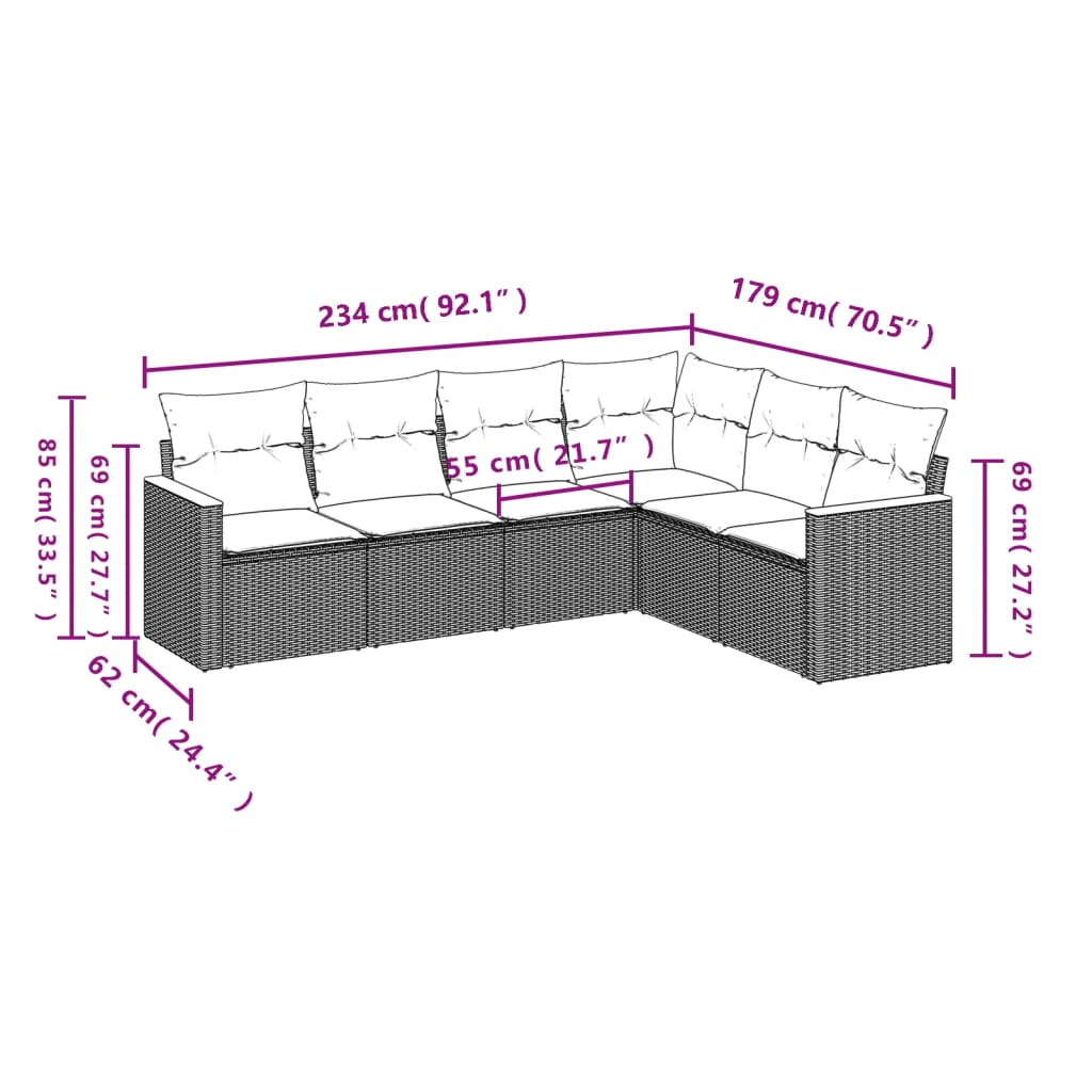 Ensemble de canapé de jardin 6 pcs avec coussins gris résine tressée