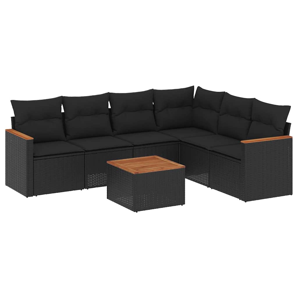 Salon de jardin 7 pcs avec coussins noir résine tressée