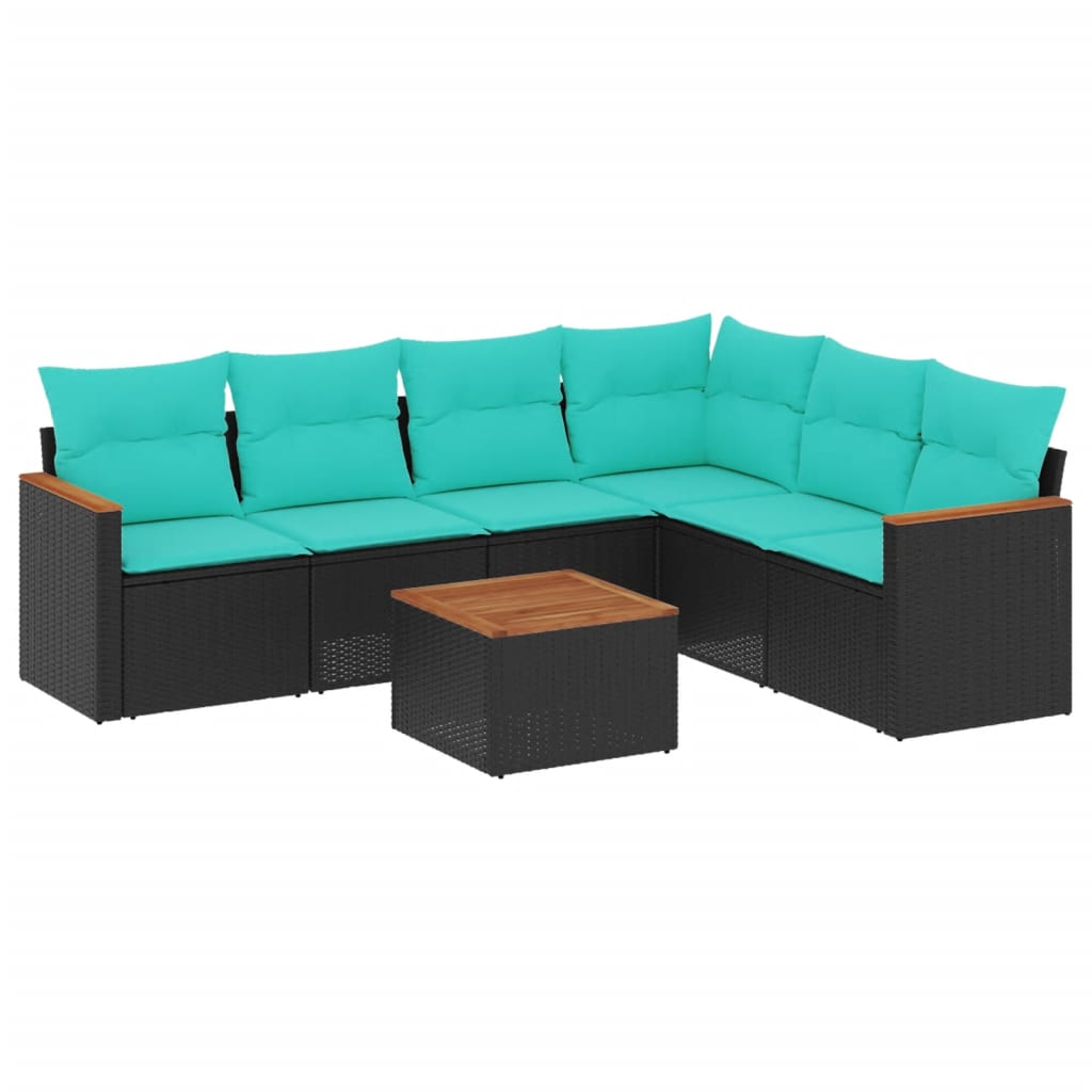 Ensemble de canapé de jardin 7 pcs avec coussins noir résine tressée