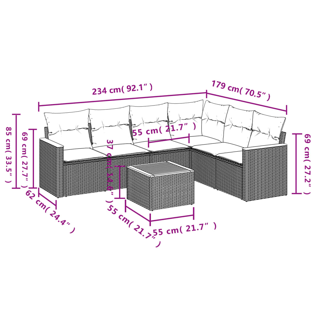 Ensemble de canapé de jardin 7 pcs avec coussins noir résine tressée