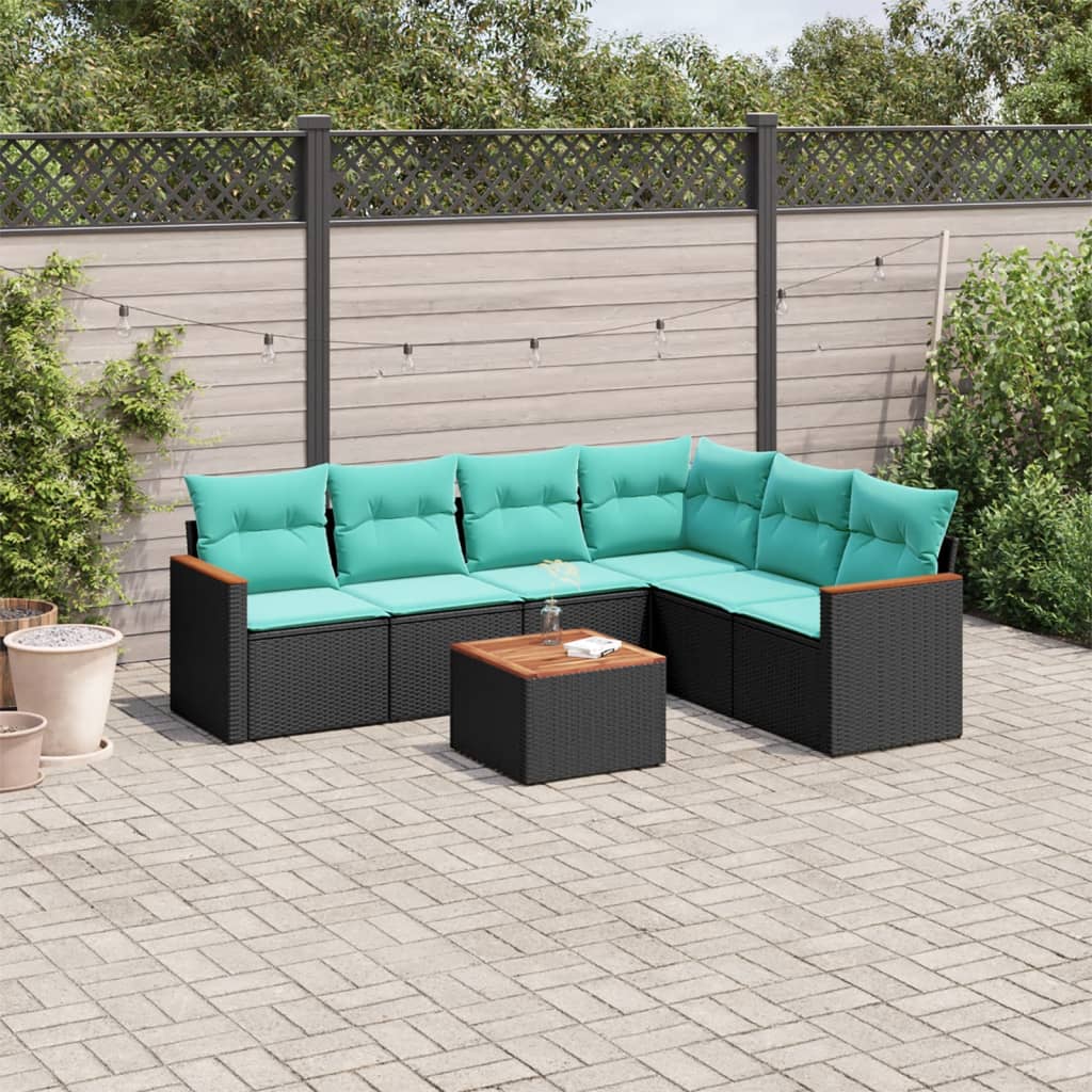 Ensemble de canapé de jardin 7 pcs avec coussins noir résine tressée
