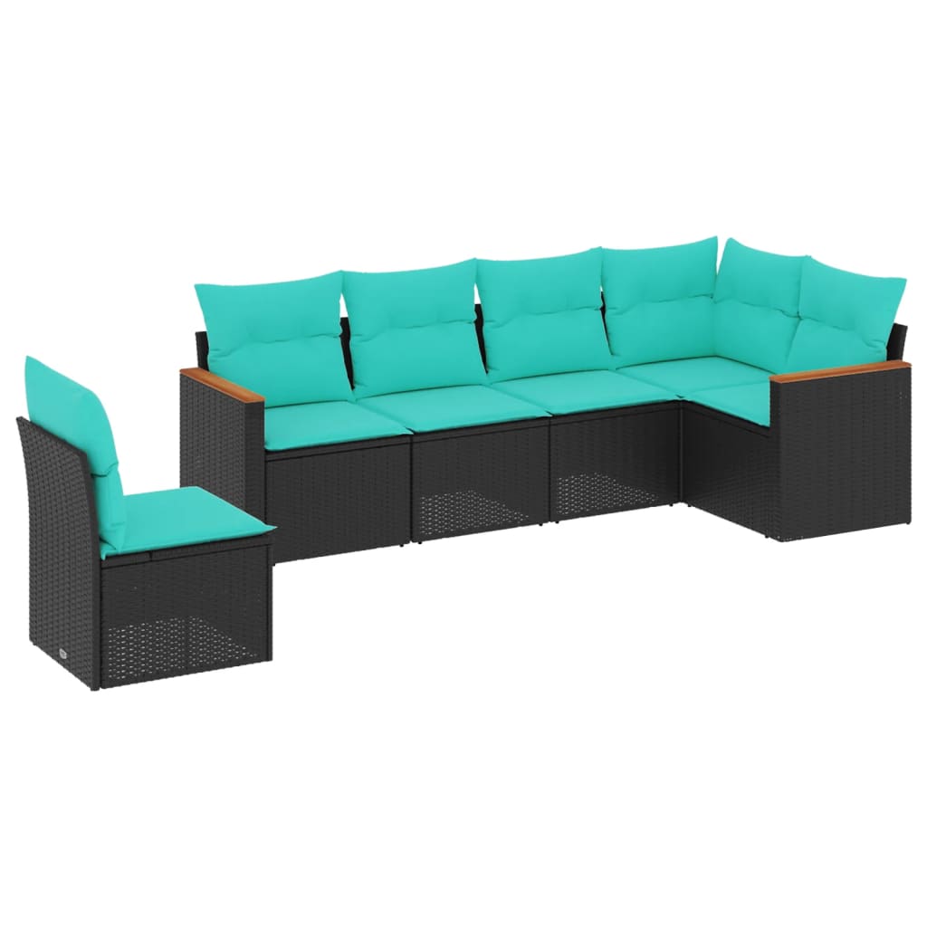 Salon de jardin 6 pcs avec coussins noir résine tressée