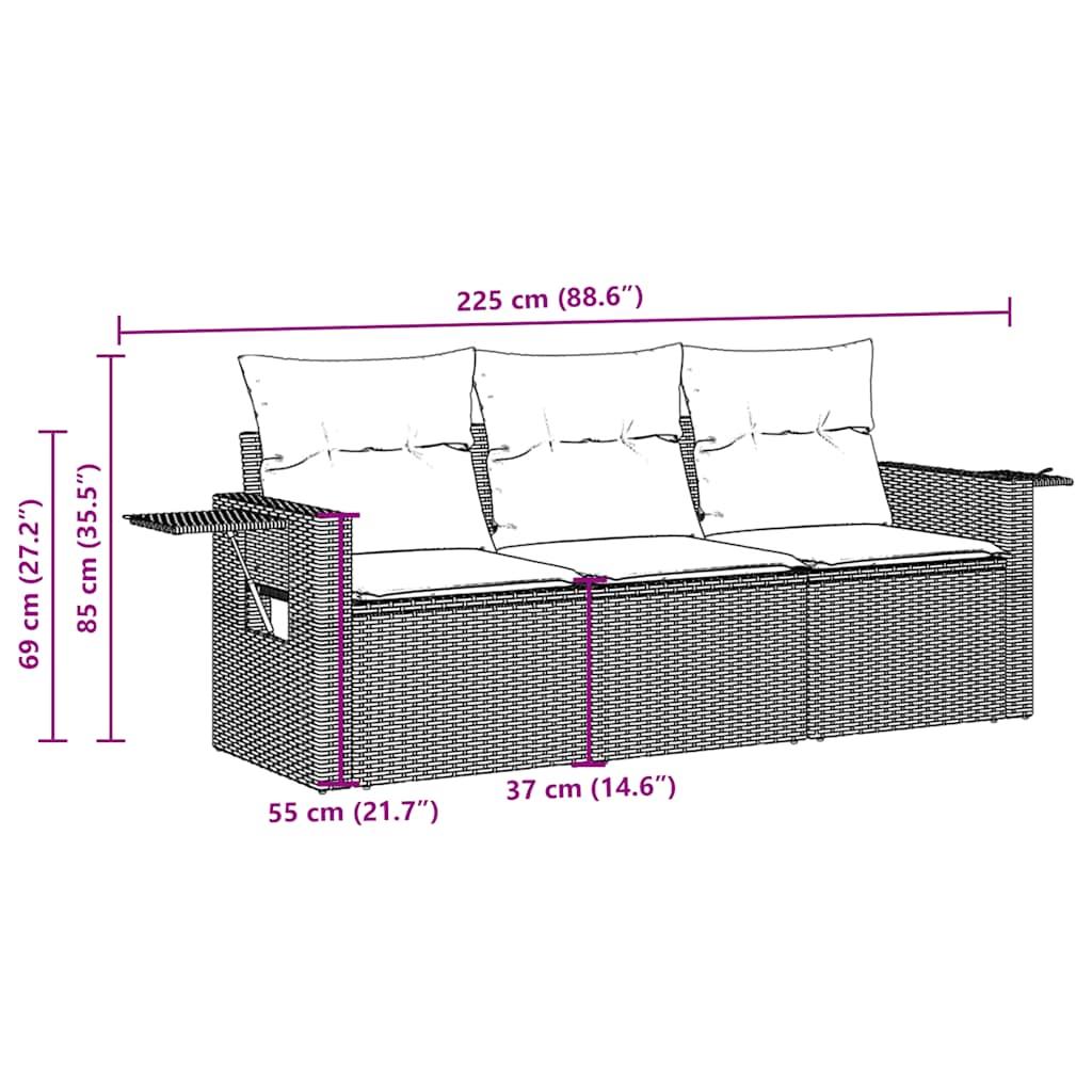 Salon de jardin 3 pcs avec coussins noir résine tressée