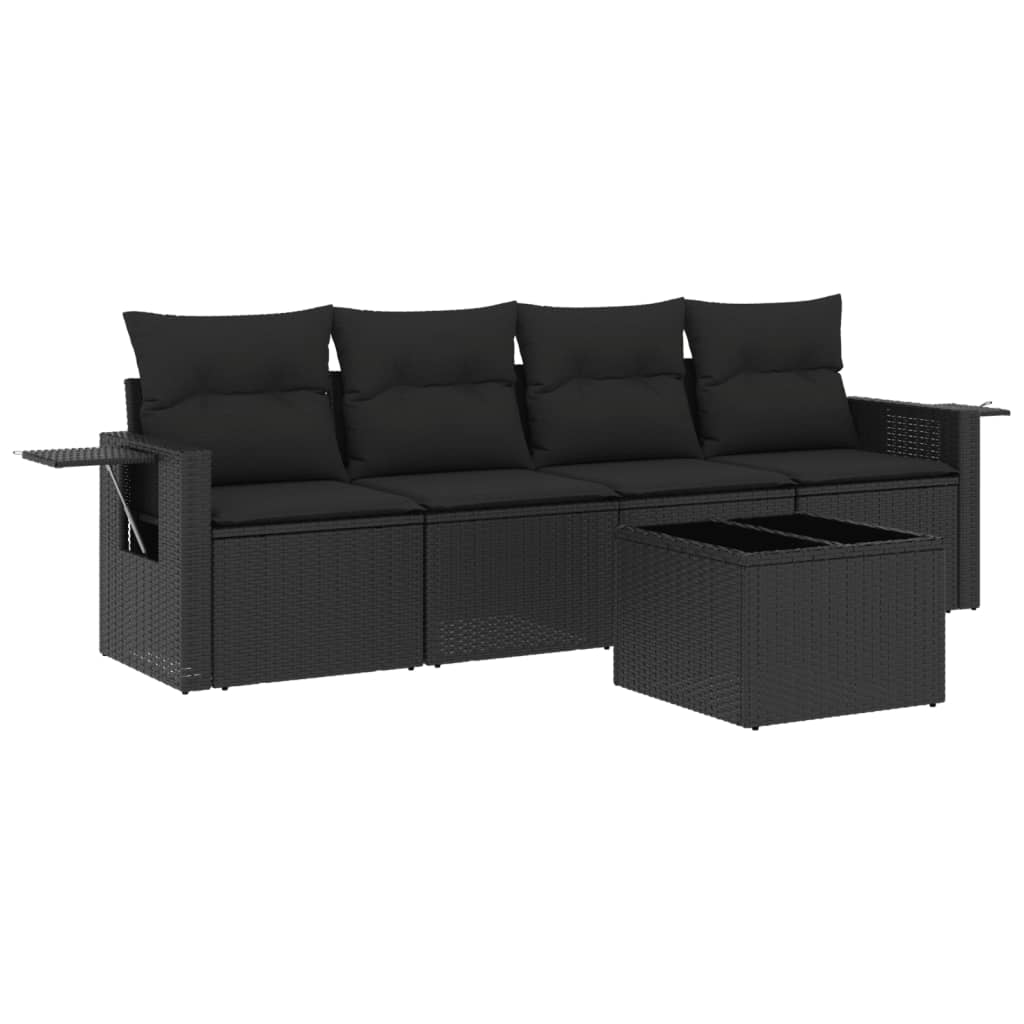 Salon de jardin 5 pcs avec coussins noir résine tressée
